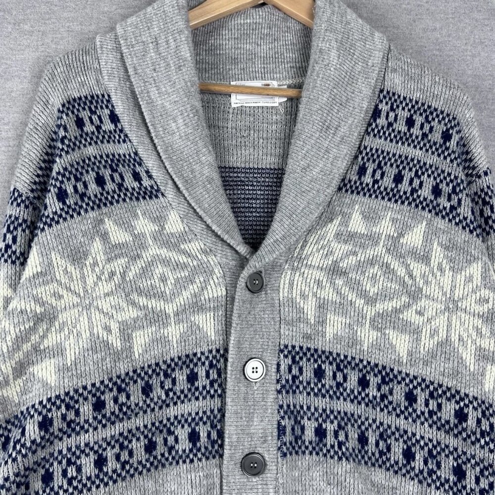 Vintage Haband Paterson NJ Men Gray Fair Isle Snowflake Shawl Collar Cardigan XL